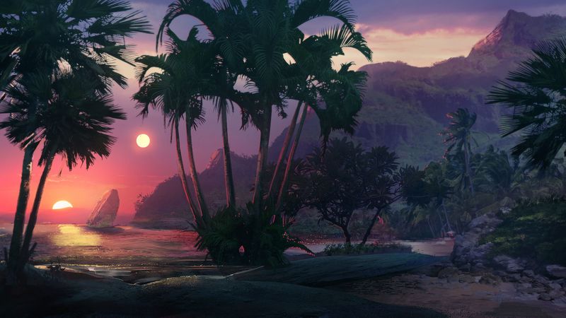 sunset, beach, palm trees, sea, art, 4k