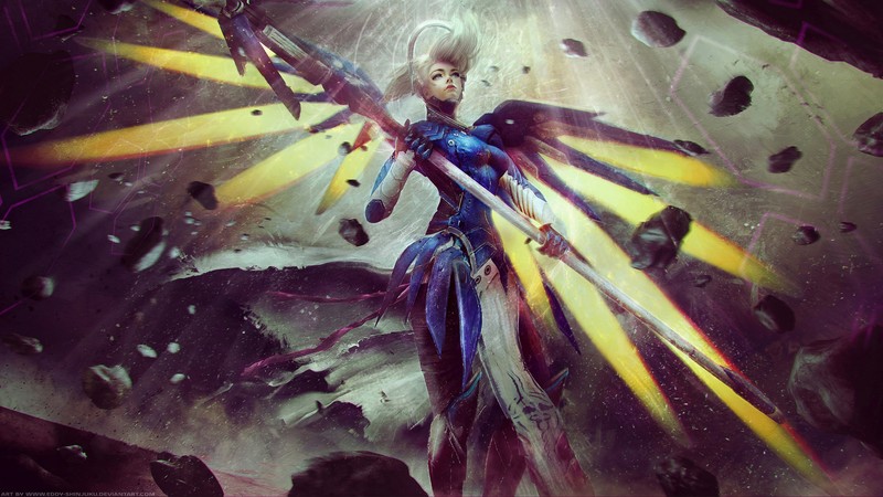 Mercy (Overwatch), Overwatch, video games, wings, women, drawing, digital art