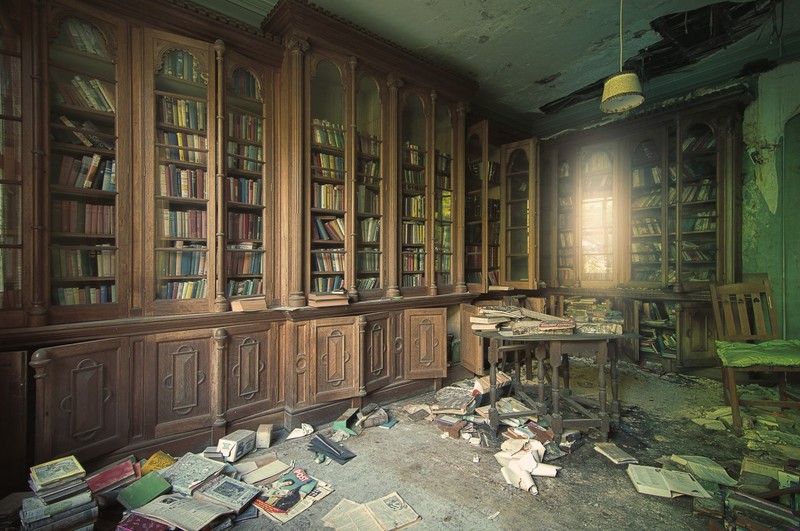 building, abandoned, interior, library, books, mess