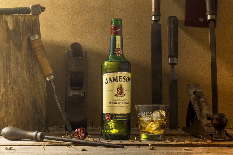 bottles, alcohol, Jameson, whiskey, drinking glass, ice cubes, still life, wood, hammer