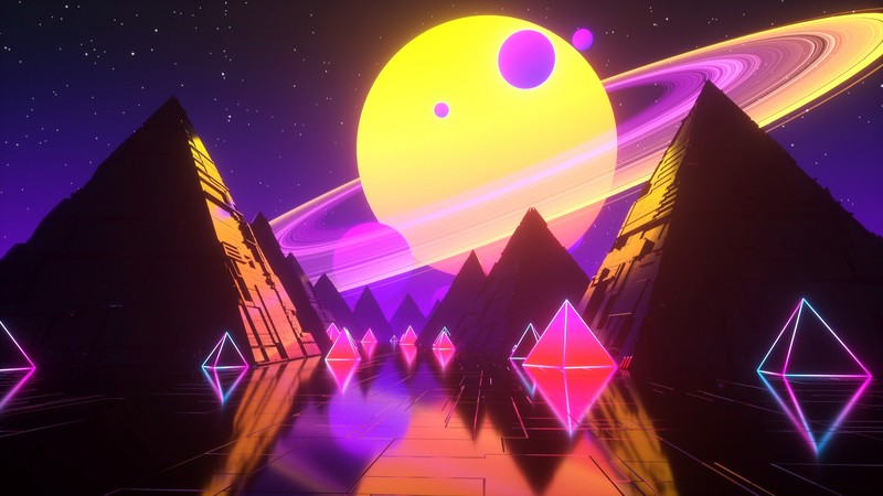 digital art, synthwave, colorful, abstract, planet, planetary rings