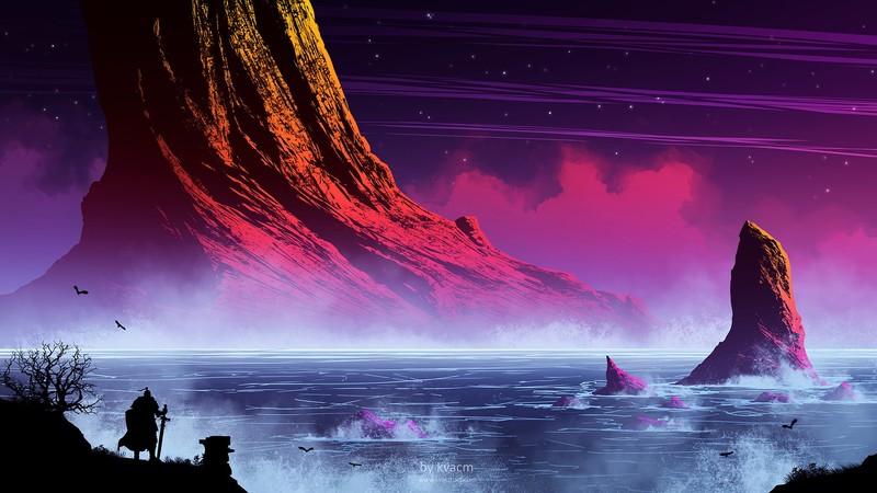 illustration, Kvacm, fantasy art, mountains, purple background