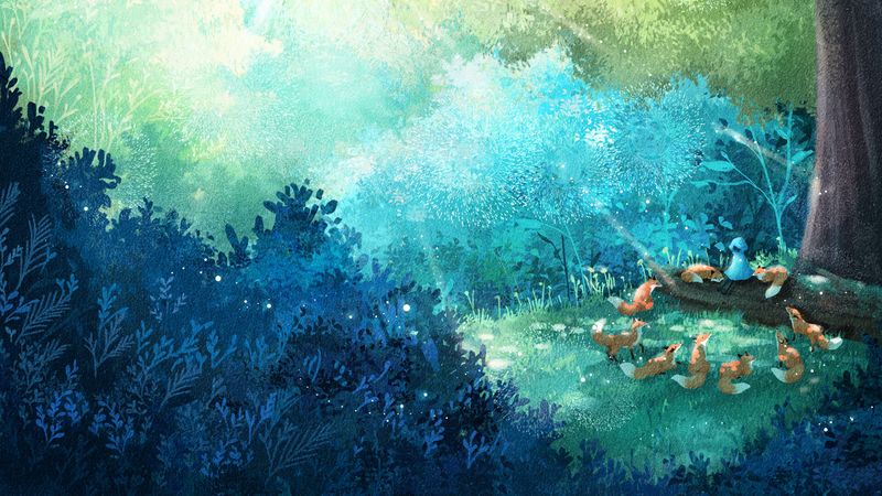 fox, forest, art, family, 4k
