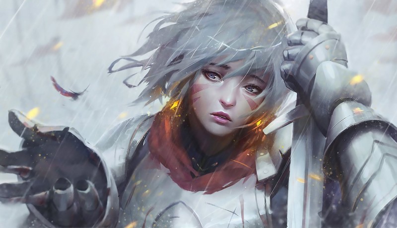 women, knight, sword, Armored, feathers, blood, banner, rain, windy