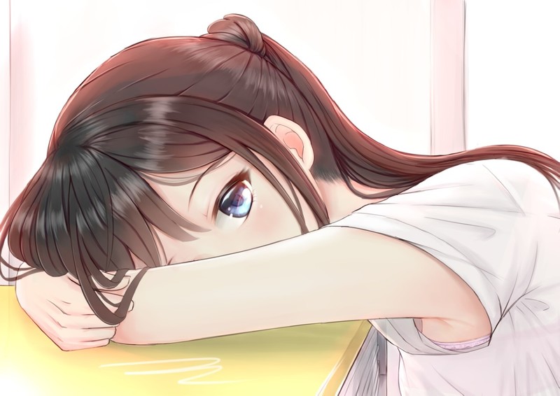 anime girls, lying down, black hair, desk
