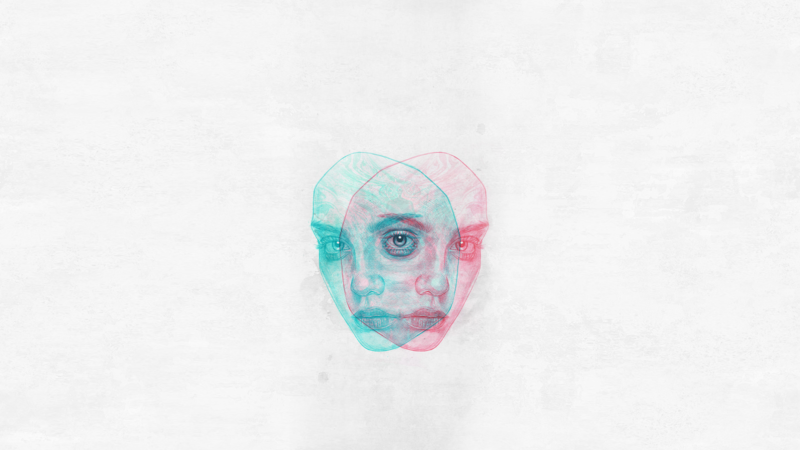 face, chromatic aberration, simple background, abstract, cyan