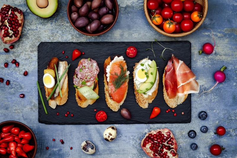 food, still life, berries, tomatoes, sausage, eggs, olives, toast, Avocado, salmon, dill, pomegranate, radish, blueberries, sandwiches