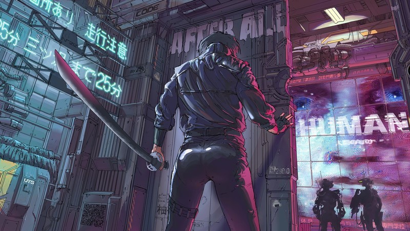 futuristic, cyberpunk, artwork, Ghost in the Shell, women with swords