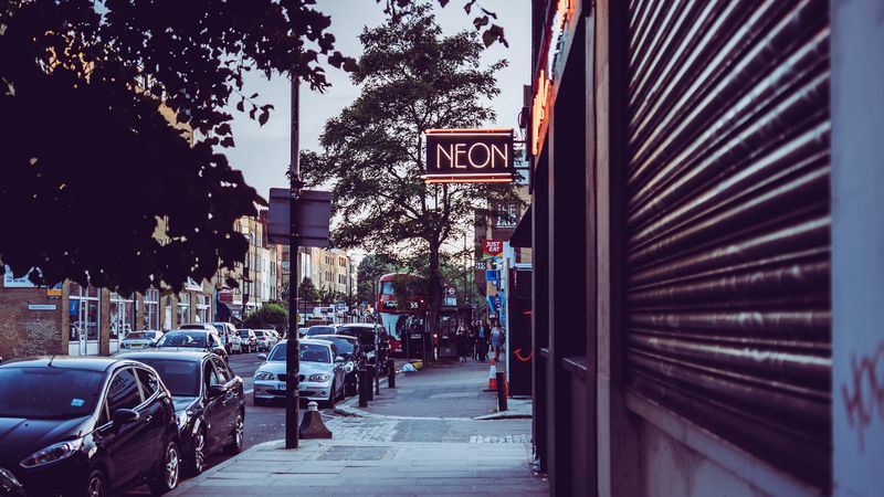 street, city, signboards, sidewalk, cars, buildings, 4k