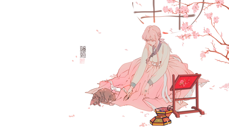 anime, manga, anime girls, simple background, minimalism, pink, Korean, cats, hanbok