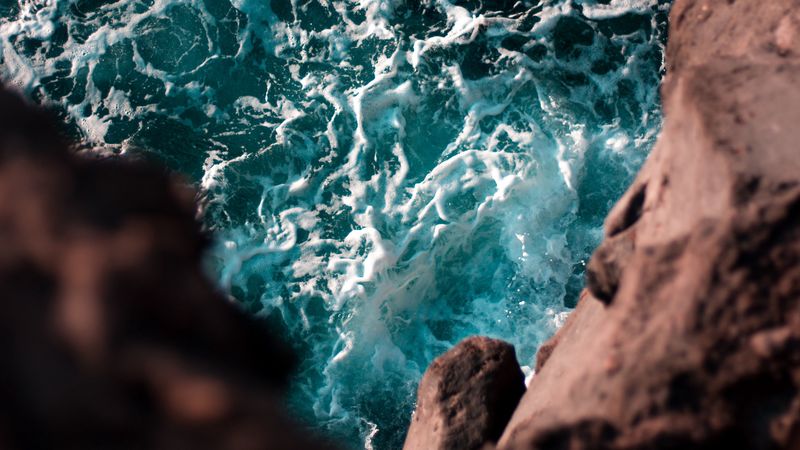 cliff, sea, waves, water, height, 4k
