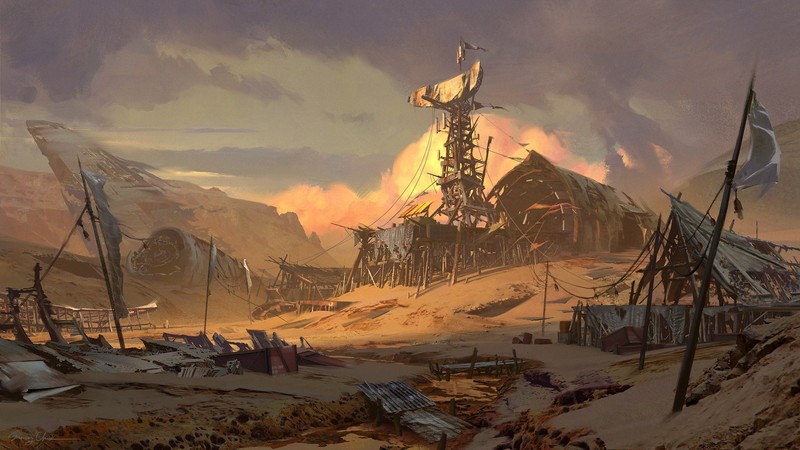 digital art, fantasy art, futuristic, science fiction, desert, satellite, apocalyptic