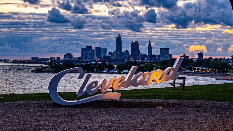 city, coast, inscription, view, cleveland, usa, 4k