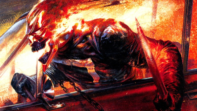 Marvel Comics, Robbie Reyes, Ghost Rider, skull, burning, sword, chains, car