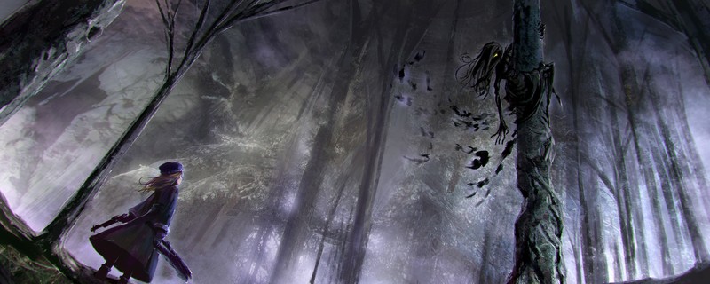 anime, anime girls, trees, spooky, forest, glowing eyes