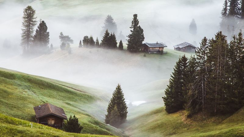 hills, fog, trees, buildings, slope, 4k