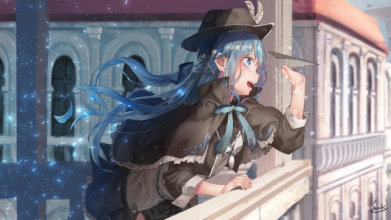 anime, anime girls, hat, blue hair, long hair, open mouth, blue eyes