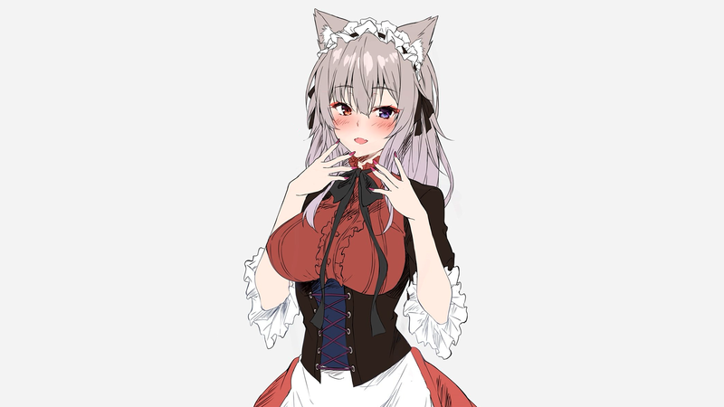 anime, manga, anime girls, simple background, minimalism, maid, nekomimi, gray hair, heterochromia