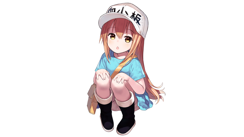 anime, manga, anime girls, simple background, minimalism, Hataraku Saibou, peaked cap, Platelet-chan, white background, sitting, long hair, blond hair, bangs, yellow eyes, blushing, open mouth, T-shirt, bag, holding knees, shorts, boots