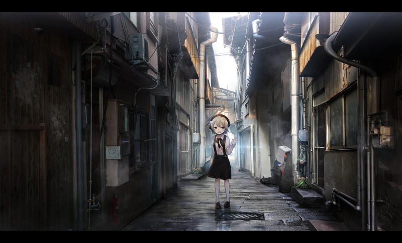 anime, anime girls, city, urban, standing, house