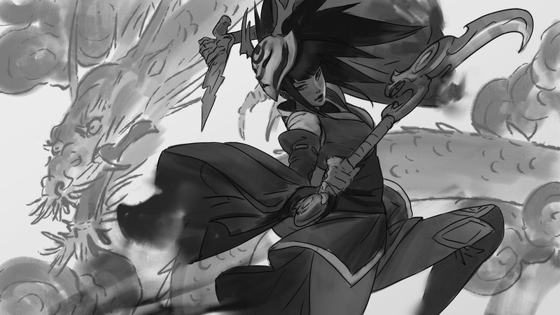 Zeen Chin, Akali(League of Legends), League of Legends, artwork, digital art, warrior, mask, illustration, 2D, kimono, sketches, monochrome, women