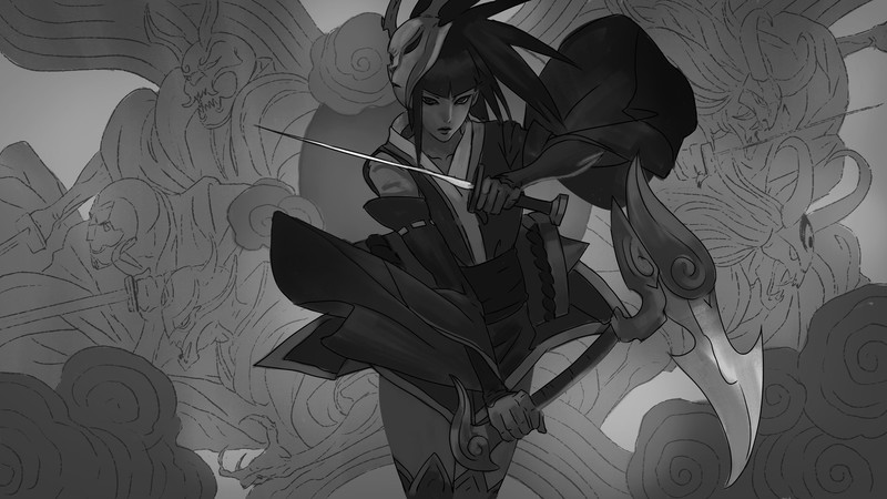 Zeen Chin, Akali(League of Legends), League of Legends, artwork, digital art, warrior, mask, illustration, 2D, kimono, sketches, monochrome, women