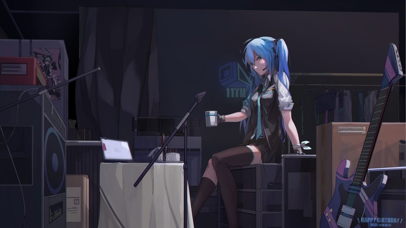 Vocaloid, anime girls, Hatsune Miku, ponytail, long hair, twintails, blue hair, blue eyes, bangs, smiling, looking at viewer, headsets, shirt, vest, tie, gloves, black gloves, skirt, stockings, black legwear, sitting, cup, table, notebooks, stickers, cake, bottles, tablecloths, radio, boxes, poster, curtain, speakers, wardrobe, wire, arm support, guitar, hair ornament