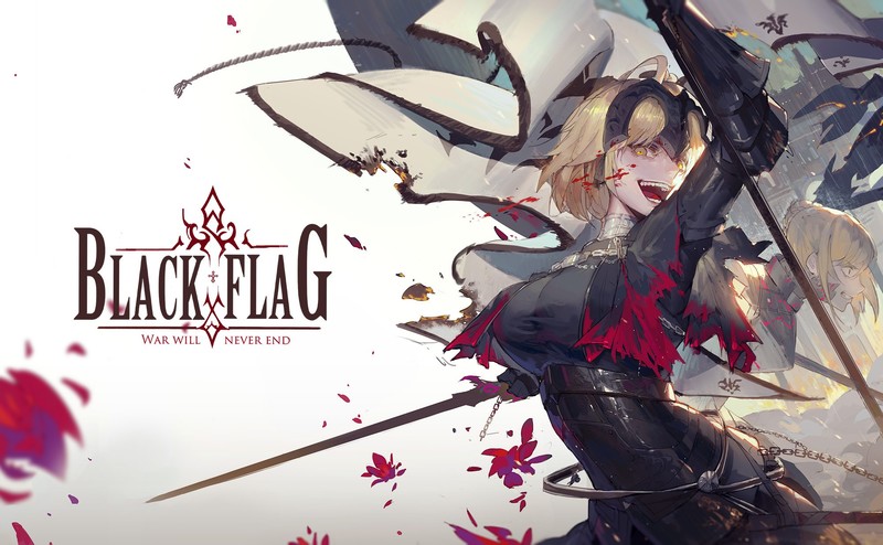 Fate Series, Fate/Grand Order, Fate/Stay Night, anime girls, Saber Alter, Jeanne dArc alter, flag, weapon, sword, armor, short hair, blond hair, yellow eyes, looking at viewer, open mouth, smiling, teeth, clenched teeth, chains, big boobs, Kuroduki