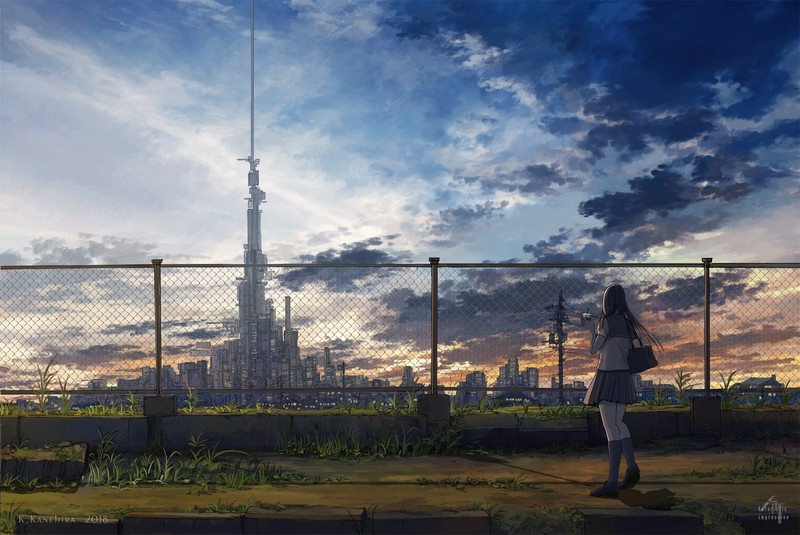 city, anime girls, sunset, skyscraper, sky, clouds, standing, school uniform, moescape