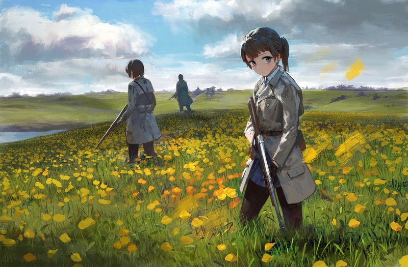 anime, anime girls, rifles, flowers, field, outdoors, sky, plants, dark hair