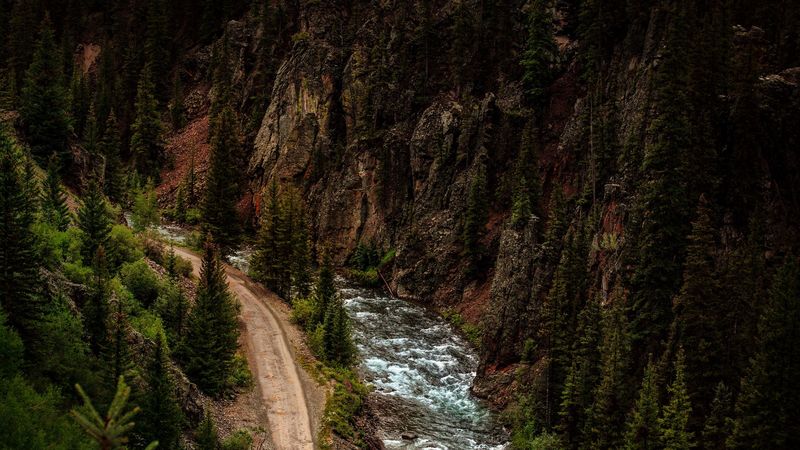 road, river, aerial view, forest, cliff, 4k