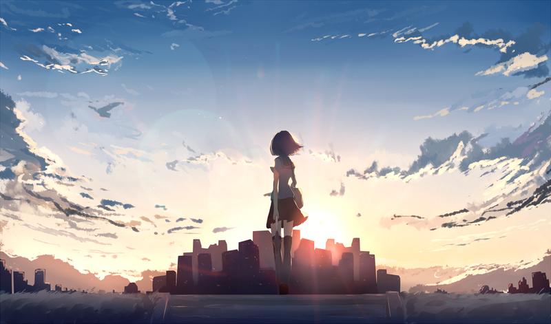 city, anime girls, sunset, sky, clouds, standing, school uniform