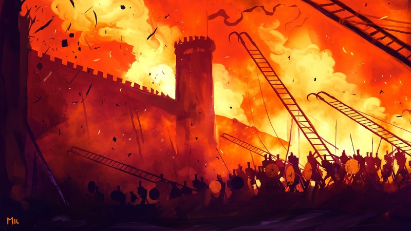 Dominik Mayer, dark fantasy, fantasy art, fire, war, battle, artwork