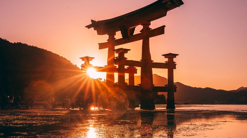 sunset, sun, shinto, sunlight, glare, 4k