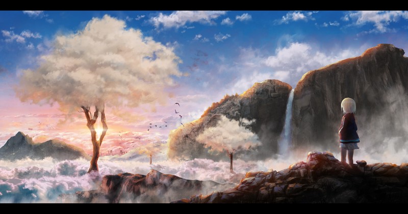 anime, anime girls, outdoors, colorful, sky, rock, nature