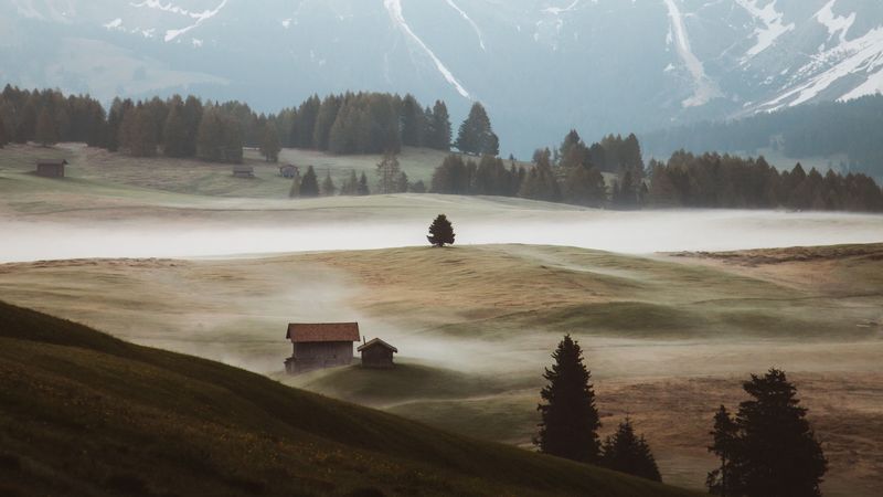 mountains, hills, fog, buildings, trees, 4k