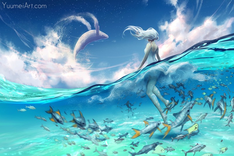 anime girls, anime, sky, fish, sea