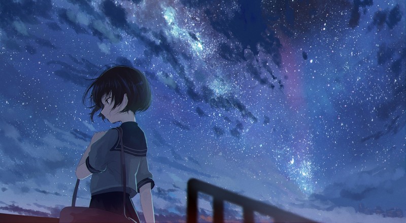 anime, anime girls, sky, outdoors, stars, dark hair