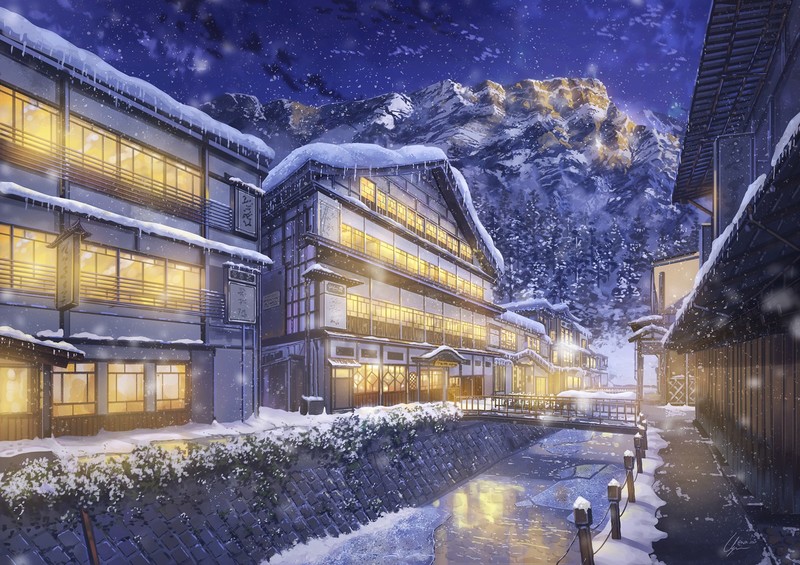 anime, night, mountains, building, snow, winter