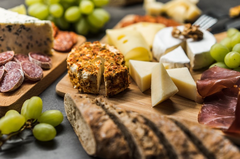still life, bread, food, grapes, cheese, cutting board, meat