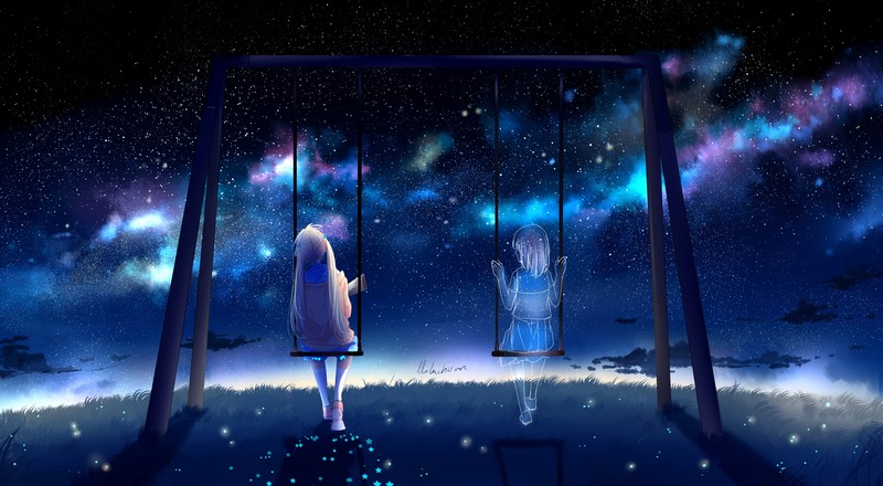 anime girls, sky, stars, swings, sitting
