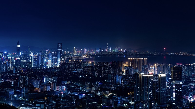 night, city lights, metropolis, blue
