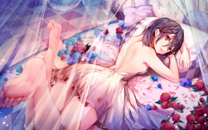 anime girls, bareback, roses, bed, feet, lying on front