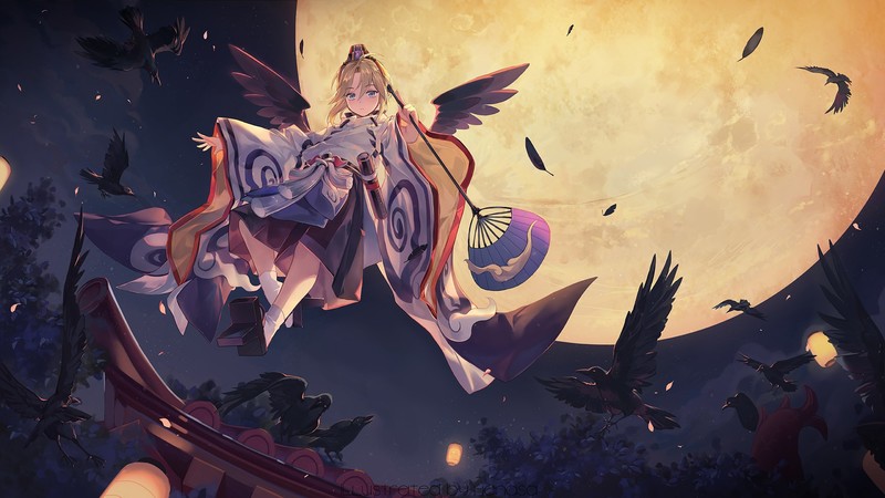 wings, crow, anime