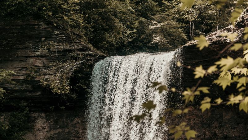waterfall, cliff, stream, forest, nature, 4k