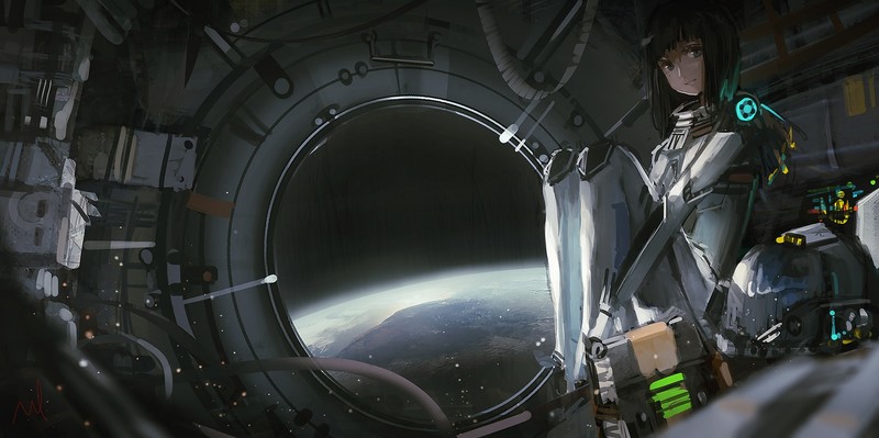 anime girls, digital art, artwork, science fiction, space