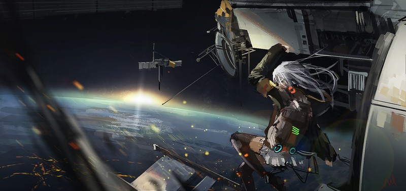 anime girls, digital art, artwork, science fiction, space