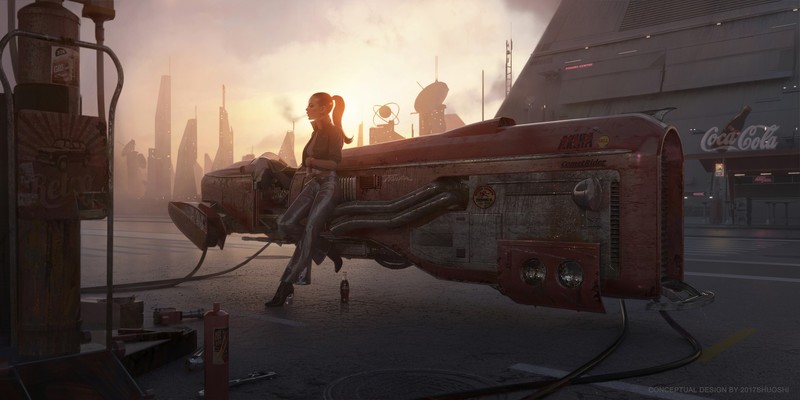 ponytail, artwork, futuristic, Coca-Cola, women, smoking, digital art, concept art, Akira, dieselpunk