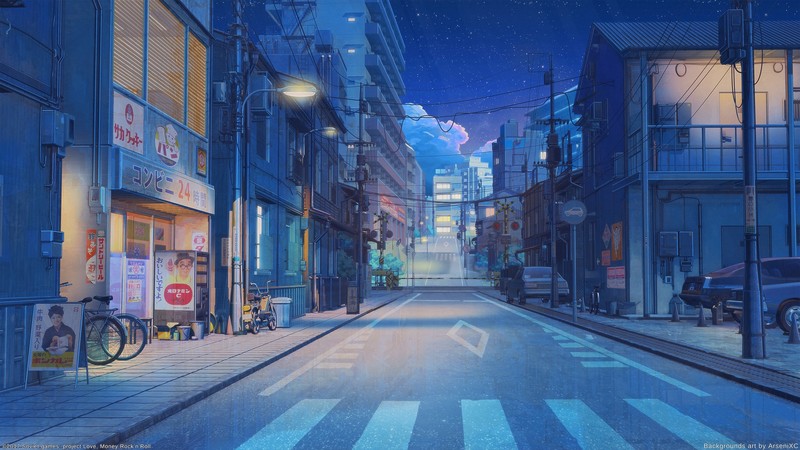 street, digital art, artwork, blue, night, urban, Japan