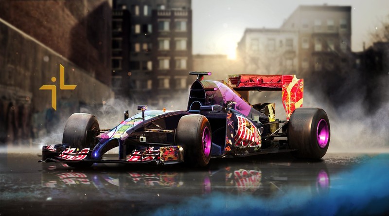 car, smoke, city, reflection, digital art, Kirill Leonov, concept art, Formula 1